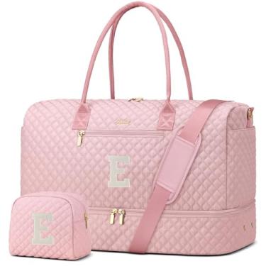 Imagem de Bolsa feminina de fim de semana com compartimento para sapatos com compartimento para sapatos, bolsa noturna personalizada com bolsa de higiene para academia, hospital, presente para mulheres, rosa