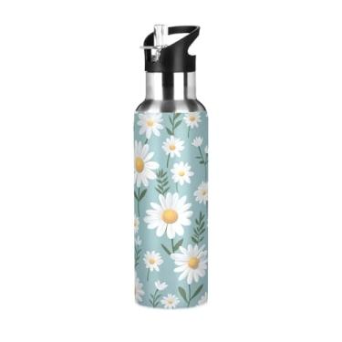 Imagem de Wassud Garrafa de água azul camomila garrafa de água esportiva de aço inoxidável com canudo garrafas de água isoladas copo portátil de viagem 623 g
