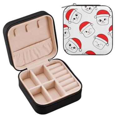 Imagem de Wassud Gatos com chapéu de Natal, estojo de joias de viagem para mulheres, meninas, senhoras, noiva, mini organizador de joias de couro PU, caixa quadrada de armazenamento de joias para brincos, anéis