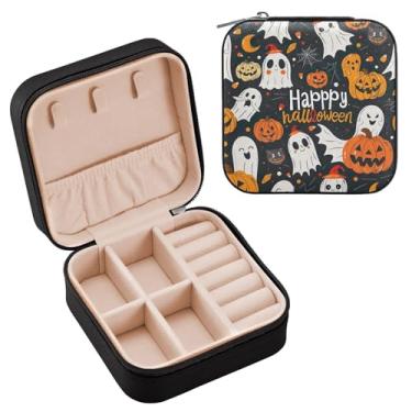 Imagem de YETTASBIN Caixa de joias de fantasma de abóbora de Halloween para adolescentes, meninas, mulheres, presente de aniversário, Natal, caixa de armazenamento portátil de couro PU, mini estojo de joias de