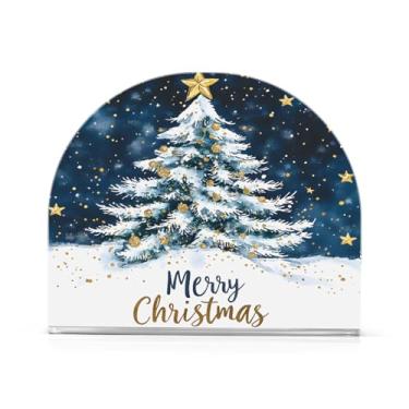 Imagem de Qilmy Porta-guardanapos de árvore de Natal e estrelas para mesas, porta-guardanapos de papel de placa acrílica elegante, dispensador de papel de seda independente moderno para sala de jantar, sala de