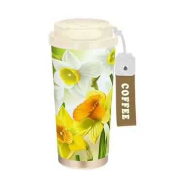 Imagem de Wassud Caneca de café de viagem isolada de narcisos copo à prova de vazamento com tampa e canudo garrafa de água de aço inoxidável para café quente/gelo, chá e cerveja