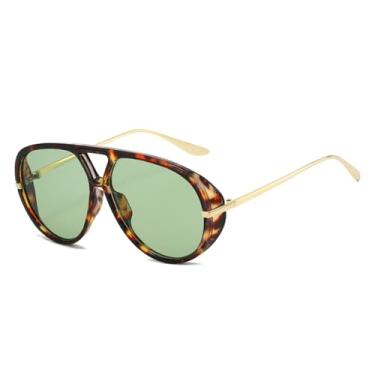 Imagem de Óculos de Sol Feminino Oversized com Ponte Dupla, Cores Vibrantes, Estilo Punk, Proteção UV400, Ideal para Esportes ao Ar Livre, Corrida e Ciclismo, Cor Verde Leopardo