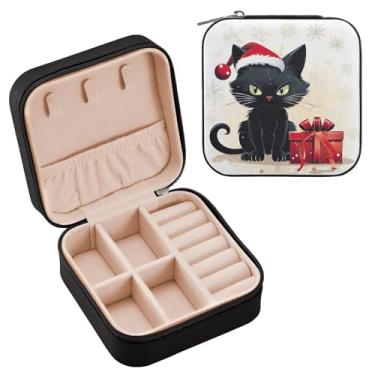 Imagem de Wassud Caixa de joias de viagem de Natal de gato preto para mulheres, meninas, senhoras, noiva, mini organizador de joias de couro PU, caixa quadrada de armazenamento de joias para brincos, anéis