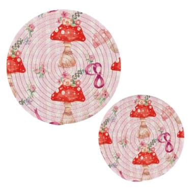 Imagem de Wassud Conjunto de trivet cogumelos caprichosos (2) tripé para pratos quentes, suportes redondos de panela, almofadas quentes de algodão, porta-copos resistentes ao calor para decoração de cozinha