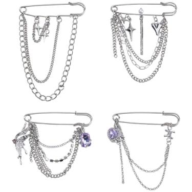 Imagem de SUPERFINDINGS 4 estilos de alfinetes decorativos de segurança punk, broches, alfinetes, calças prateadas, prendedor de cintura, alfinete de segurança com correntes suspensas, estrela de liga