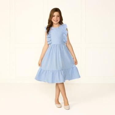 Imagem de Vestido Infantil Menina Listra Invertida Azul Bebê Com Manga Babado Sa