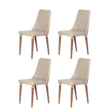 Imagem de Kit de 4 Cadeiras de Madeira Maciça Estofada Lara - Natural c/ PU Off White - Champanhe