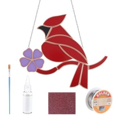 Imagem de LemonRoad Kit inicial de pintura de vitral pré-cortado Cardinal feito fácil DIY kit de artesanato de vitral com fio de solda, fluxo de gel, pincel de fluxo para lembrancinha de festa de aniversário de