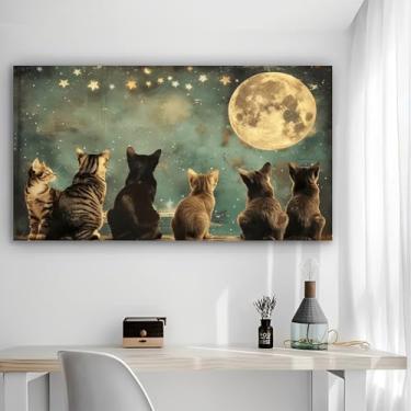 Imagem de Arte de parede em tela rústica Cats Gaze Moon - Pôster sem moldura de 30 x 61 cm - Decoração de casa e escritório para sala de estar, quarto, cozinha e café