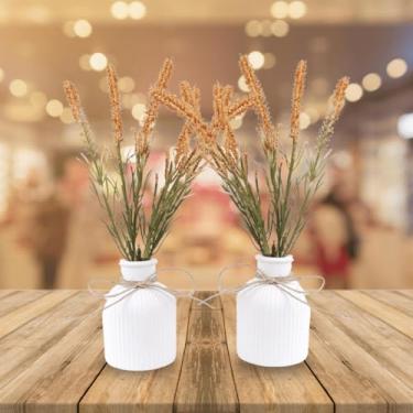 Imagem de Kit 2 Arranjos Com Vasos De Gesso Planta Artificial Decorativa(Lavanda Caramelo)