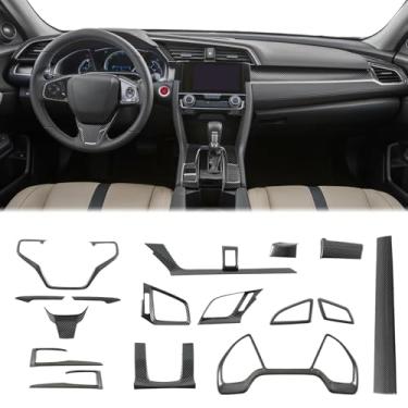 Imagem de Fancemot Capa de painel central de console de fibra de carbono de 16 peças, capa de painel de mudança de marcha, capa de volante, capa de saída de ar AC compatível com Honda Civic 10ª geração 2016