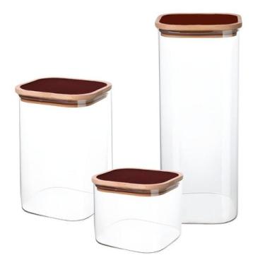 Imagem de Kit 3 Potes Mantimento Vidro Com Tampa Vermelha De Bambu PMG - CLICK H