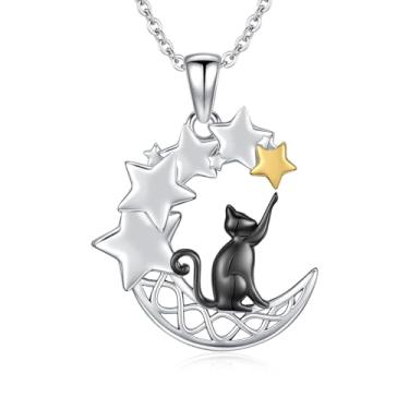 Imagem de PCTJYFU Presentes de Natal, pingente de gato perseguindo estrelas, prata esterlina 925, design de colar de lua oca com estrela banhada a ouro, corrente ajustável, presente para aniversário feminino