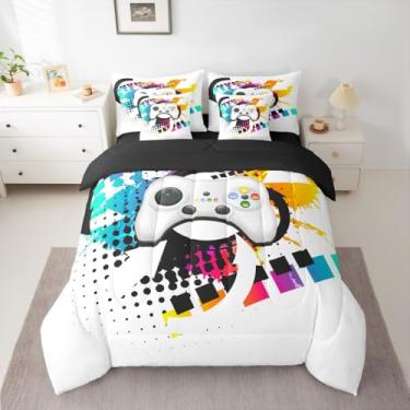 Imagem de Erosebridal Jogo de cama King para meninos, conjunto de edredom com jogo geométrico, conjunto de 7 peças, para decoração de quarto de jogadores