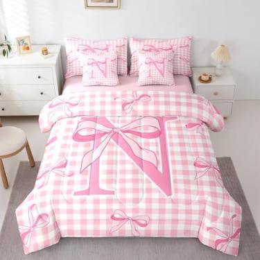 Imagem de Feelyou Conjunto de edredom com laço xadrez rosa, 7 peças, Queen, fofo, para crianças, meninos, meninas, personalizado, com letra N, para decoração de quarto, microfibra leve e macia