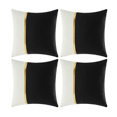 Imagem de Fancy Homi 4 pacotes de capas de almofada decorativas pretas 50 x 50 polegadas para sala de estar, sofá cama, patchwork de veludo preto e branco com couro dourado, capa de almofada quadrada de decoração de casa luxuosa 50 x 50 cm