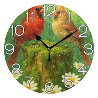 Imagem de Relógio de parede analógico decorativo para sala de aula, relógio de escritório, alimentado por bateria, arte de parede boho, decoração de casa, natal cardeal pássaro, verde, 25 cm, ponteiros dourados