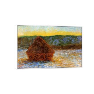 Imagem de BMZFYBS Claude Monet Famosas Impressões em tela de parede prontas para pendurar - Grainstack Thaw Sunset-White Frame Painting for Living Room Decor 30x45cm12x18in