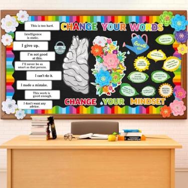 Imagem de Fullhawl Conjunto de decorações de quadro de avisos 3D Bloom with a Growth Mindset para recortes de sala de aula tema de pintura colorida quadro de avisos letras jardim de infância pré-escola sala de