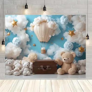 Imagem de Desenho animado balão de ar quente nuvens estrela aventura fotografia fundo para meninos chá de bebê crianças 1º aniversário decoração de festa de aniversário urso viagem newbown cenário bolo de