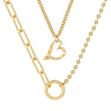 Imagem de Zissunbeam Colares femininos em camadas de ouro, pingente de coração banhado a ouro, corrente grossa de clipe de papel, gargantilha delicada corrente de elos cubanos para mulheres, joias de verão