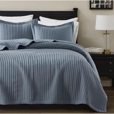 Imagem de WDCOZY Conjunto de colcha solteiro azul empoeirado, colcha leve com ponto de palheta listrada, colcha rústica de casa de fazenda de canal macio, edredom fino para primavera verão, cama de campo, 172 x