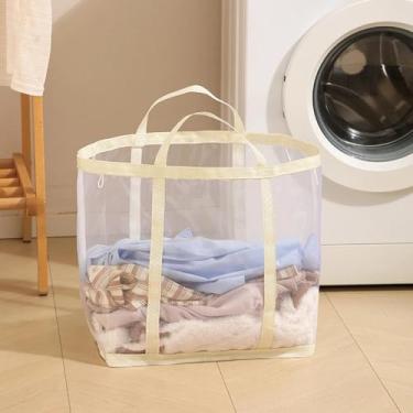 Imagem de 1 cesto de roupa suja dobrável, tecido de malha respirável, com alça, cesto de roupa suja portátil, adequado para uso diário. (bege)