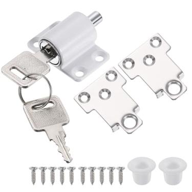 Imagem de PATIKIL Fechadura de janela de porta deslizante, fechadura com chave de empurrar, fechaduras de porta de pátio, sem necessidade de perfuração para janelas deslizantes horizontais, branco