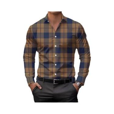 Imagem de Camisa Casual Masculina Com Estampa Xadrez Clássica, Gola Lapela, Mang