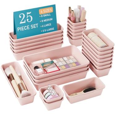 Imagem de Kutesna Conjunto organizador de gaveta rosa com 25 peças, 4 compartimentos de armazenamento de plástico interligados para material de escritório, penteadeira de maquiagem de joias, banheiro, cozinha