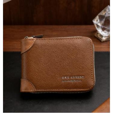 Imagem de Carteira masculina de couro sintético resistente à água, cáqui executivo, portátil, com fivela, padrão xadrez, couro sintético, à prova d'água