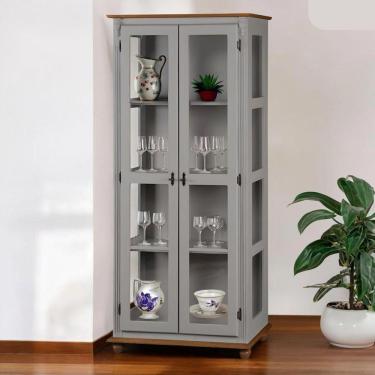 Imagem de Cristaleira Rústica De Madeira 3 Prateleiras Pés Torneados - Cinza Laca Com Tampos E Base Imbuia Glazer