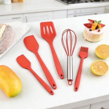 Imagem de Conjunto de espátula de silicone de 5 peças, ferramenta de cozinha não pegajosa, conjunto de utensílios de cozinha, raspadores antiaderentes, para fritar, mexer e servir, vermelho
