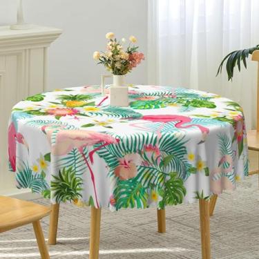 Imagem de TTQYFNM Toalha de mesa redonda flamingo com folhas de palmeira tropicais floral abacaxi rosa flamingo toalha de mesa impermeável para jantar, verão, praia, decoração de festa de aniversário com tema