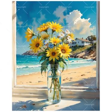 Imagem de TAOPAOLAB Kit de pintura de paisagem marítima por números para adultos – Vaso DIY de girassóis é colocado pela The Window Painting em tela 40,6 x 50,8 cm, conjunto de tinta acrílica, adequado para