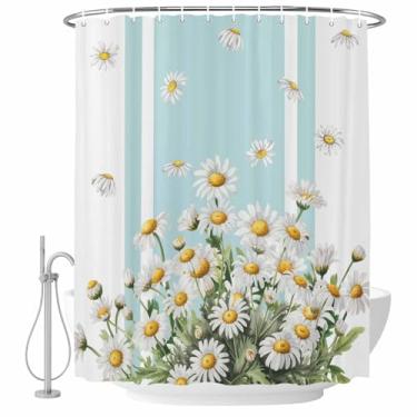 Imagem de Cortina de chuveiro margarida com folhas verdes azul-petróleo conjunto de cortinas de chuveiro tecido impermeável cortina de banho para banheiro decoração de banheira acessórios de casa 182 x 182 cm