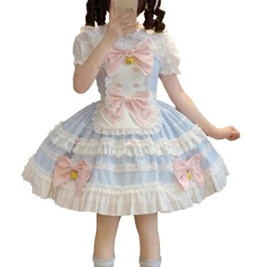 Imagem de Cuteighteen Lolita Sleeveless Dress Teens Princess Kawaii Bow Apron Japan Cat Maid Outfit Fancy Party Anime Cosplay Costume (Blue, Small)