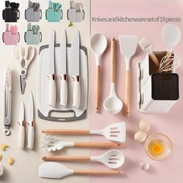 Imagem de Conjunto De 19 Pçs De Cozinha Em Silicone Com Cabo Em Madeira - Kit Co