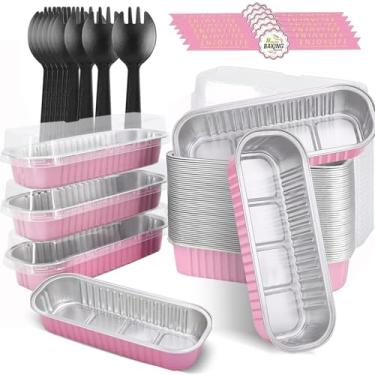 Imagem de SixWeKit Mini formas de pão com tampas e colheres, pacote com 50, copos retangulares de folha de alumínio de 200 ml, recipientes descartáveis de cupcake de ramequins com adesivos de vedação para pão