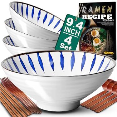 Imagem de Conjunto de 4 tigelas de cerâmica para ramen de 24 cm (17 peças) - Porcelana Japonesa Salada Noodles Cereais Frutas Massa Sopa Tigelas Grandes com Receitas Pauzinhos, Garfos, Colheres, Presente para