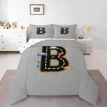 Imagem de jejeloiu Conjunto de edredom com desenho de carro, solteiro, letra B, para decoração de quarto de crianças, meninos, meninas, microfibra, ultramacia, respirável