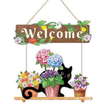 Imagem de HPNIUB Placas de madeira de boas-vindas de primavera brilhante, placa de madeira para pendurar na porta da frente de gato preto rústico, decoração de parede floral colorida para casa de fazenda