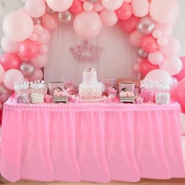 Imagem de Conjunto de saia de mesa descartável, rosa claro, saia de mesa requintada com babados e toalha de mesa à prova de manchas, conjunto de toalha de mesa retangular para casamento, chá de bebê, dia dos