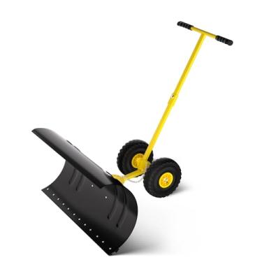 Imagem de Empurrador de neve com rodas, lâmina de aço resistente de 73,7 cm, ângulo ajustável e alça de altura para remoção de neve na entrada de garagem sem esforço, base de proteção do solo.