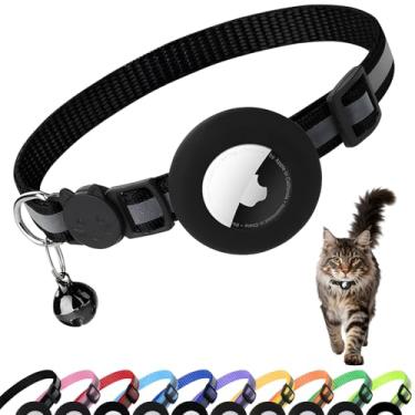 Imagem de PWOD Coleira Airtag para gatos com sino, coleira reflexiva de nylon para gatinhos com suporte para Apple Air Tag e fivela de segurança para filhotes, meninas, meninos, 9,5 cm de largura e leve, preta