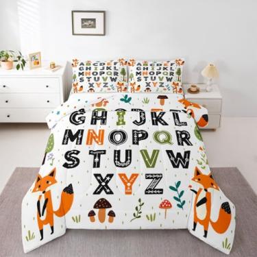 Imagem de Feelyou Conjunto de edredom educacional para crianças, crianças, alfabeto, ABC, para crianças, meninos, meninas, fofo, raposa, edredom de animais da floresta, decoração de quarto, 2 peças com 1 fronha
