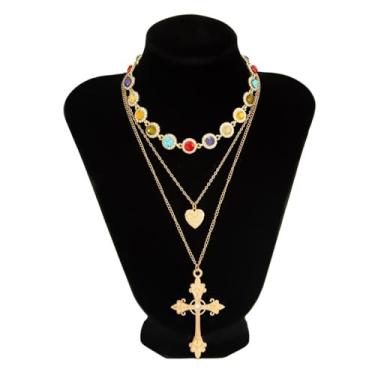 Imagem de tincolia Joias de luxo com pingente de cruz em forma de coração, design em camadas de cristal, gargantilha de flor pequena incrustada de diamante