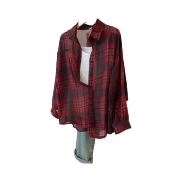 Imagem de Camisa Feminina Leve De Manga Longa Com Estampa Xadrez Vermelha E Pret