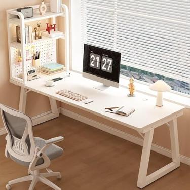 Imagem de Mesa de escritório em casa elegante com armazenamento de quadro, mesa de estudo de escrita resistente para sala de estar e quarto, branca, 140 x 60 x 74 cm - solução perfeita para espaço de trabalho